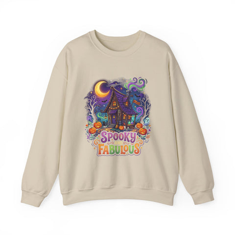 Crewneck Sweatshirt — "Spooky & Fabulous" Halloween Haunted House Graphic