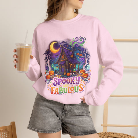 Crewneck Sweatshirt — "Spooky & Fabulous" Halloween Haunted House Graphic