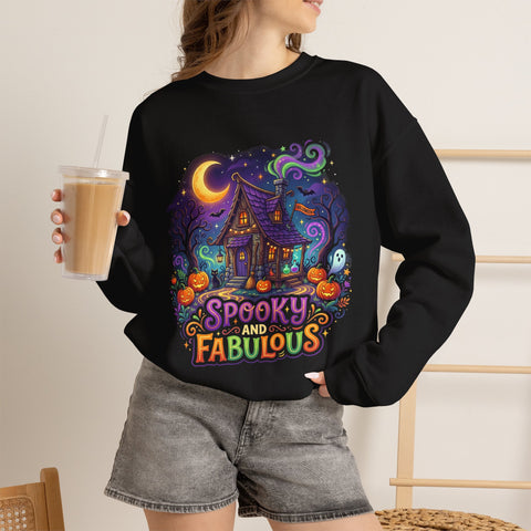 Crewneck Sweatshirt — "Spooky & Fabulous" Halloween Haunted House Graphic