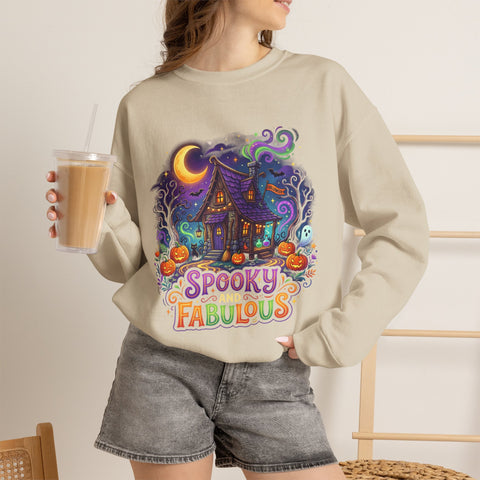Crewneck Sweatshirt — "Spooky & Fabulous" Halloween Haunted House Graphic