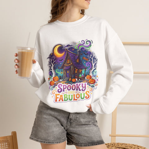 Crewneck Sweatshirt — "Spooky & Fabulous" Halloween Haunted House Graphic